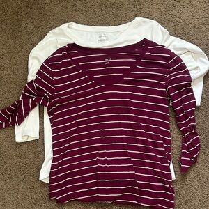 a.n.a Women's Burgundy and White Striped Long Sleeve Tees